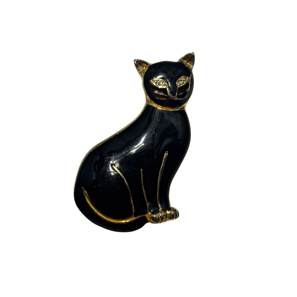 Vintage SFJ Gold Tone Black Enamel Rhinestone Eyes Sitting Kitty Cat Brooch Pin
